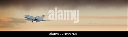 Vacation, aviation, travel, trip concept, copy space, place for text. Commercial airplane jetliner take off, beautiful dramatic sunset on background, Stock Photo