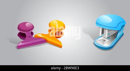 Illustration of clip and stapler, with gray background vector Stock Vector