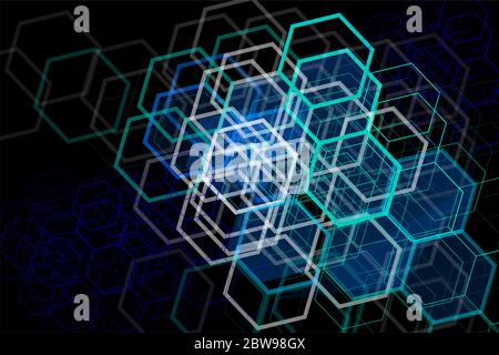 Blue geometric hexagons elements on black background Stock Vector