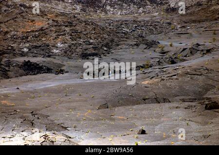 Two visitors hike the Kilauea Iki Trail across the Puu Puai Crater's surface.  They are visiting and exploring the Hawaii Volcanoes National Park on t Stock Photo