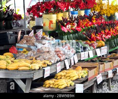 Hilo's Farmer's Market is filled with fruits and vegetables and buckets and bouquets of fresh cut tropical flowers. Stock Photo