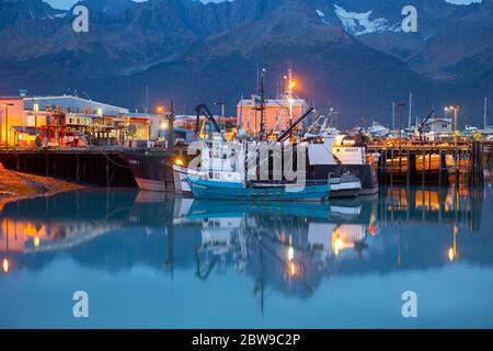 Seward Boat Harbor and waterfront at night, Seward, Kenai Peninsula, Alaska, AK, USA. Stock Photo