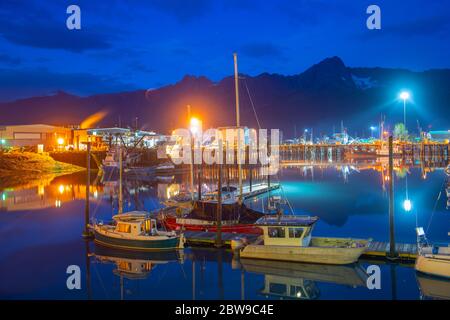 Seward Boat Harbor and waterfront at night, Seward, Kenai Peninsula, Alaska, AK, USA. Stock Photo