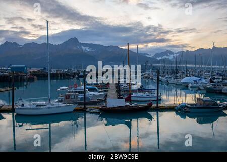 Seward Boat Harbor and waterfront in fall, Seward, Kenai Peninsula, Alaska, AK, USA. Seward is a city near Kenai Fjords National Park. Stock Photo