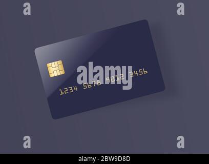 Here is a blank blue credit or debit card with a golden EMV chip. Text area. Copy area.  The card casts a shadow on a light gray background. Stock Photo
