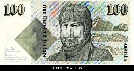 The Australian $100 bank note featuring Sir Douglas Mawson OBE FRS[1] FAA (1882 – 1958) an Australian geologist, Antarctic explorer, and academic. Stock Photo