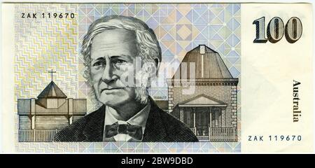 The Australian $100 bank note featuring John Tebbutt (1834 – 1916) an Australian astronomer, famous for discovering the 'Great Comet of 1861'. Stock Photo