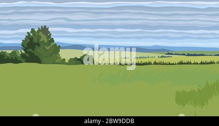 Vector landscape high voltage transmission line with pylons Stock Vector