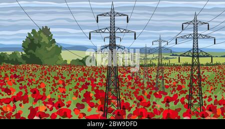 Vector landscape high voltage transmission line with pylons Stock Vector