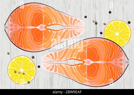 Vector illustration of red fish steak. Linear trout steak. Hatch. Hand ...