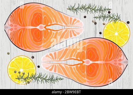 Salmon raw steak red fish top view vector illustration Stock Vector