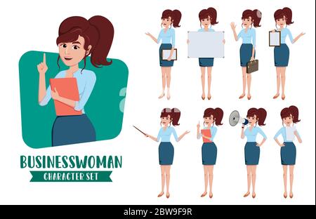 Businesswoman character vector set. Business woman character for sale presentation of office staff or secretary presenting, announcing and talking. Stock Vector