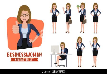 Businesswoman character vector set. Business female character office professional person in different pose and gestures like sitting, talking. Stock Vector