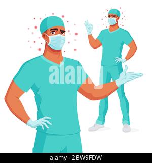 Medical doctor in scrub, mask, gloves presenting and showing OK. Protection from coronavirus. Vector illustration. Stock Vector