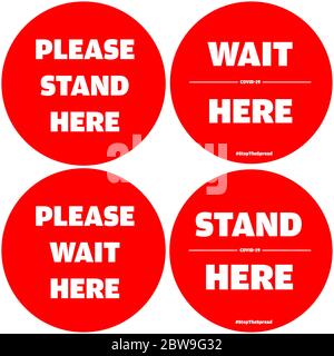Post corona floor stickers for supermarkets, shopping malls and public places asking people to stand in the circle and maintain the social distance to Stock Vector