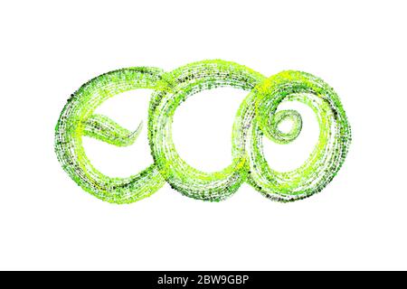 Handwritten word lettering Eco made by fresh green bio circles of confetti particles isolated on white background. Stock Photo