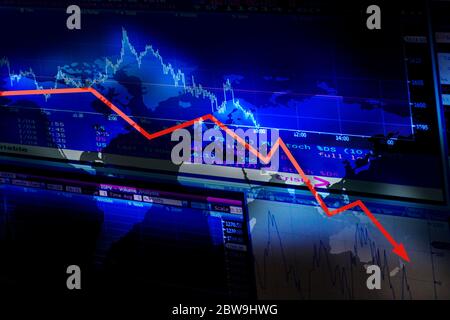 Stock market data and graph moving down Stock Photo