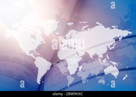 Digitally generated image of world map with financial data in background Stock Photo