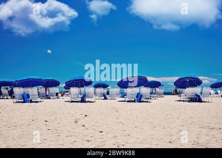 USA, Florida, Miami, Bach umbrellas and beach chairs Stock Photo