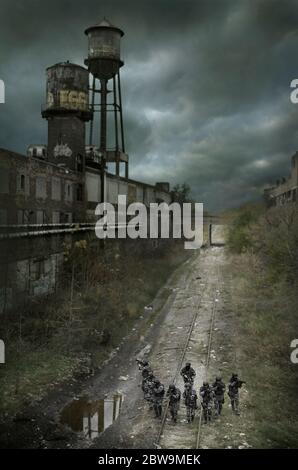 USA, Michigan, Detroit, Army special forces practicing in abandoned factory Stock Photo
