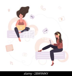 Communication concept. Woman sitting on chat bubbles. Girls taking part in business online meetings, negotiation, talking to each other. Modern vector Stock Vector