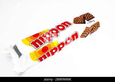 NIPPON, fluffy and light puffed rice with chocolate coating produced by Hosta Stock Photo
