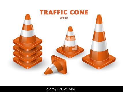 Traffic cones collection. Isometric set of icons for web design isolated on white background. Realistic vector illustration. Stock Vector