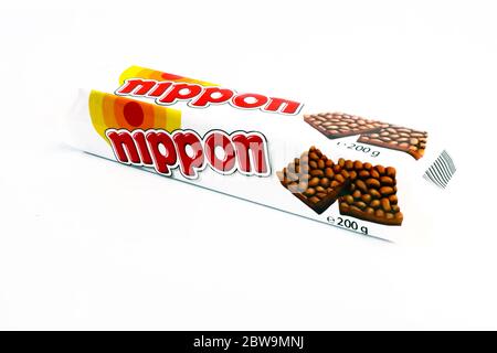 NIPPON, fluffy and light puffed rice with chocolate coating produced by Hosta Stock Photo