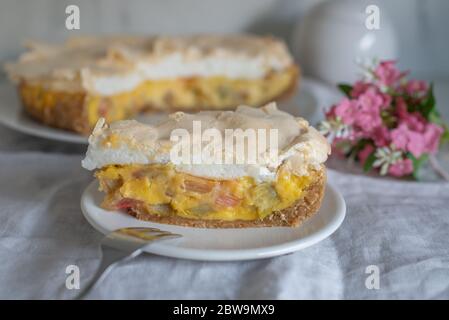 Home made rhubarb meringue cake on a plate Stock Photo