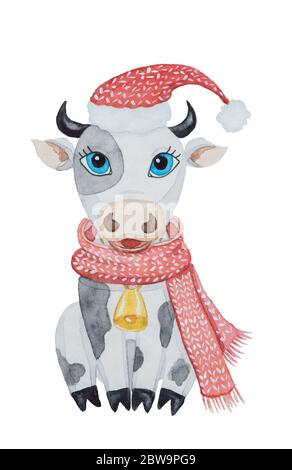 Watercolor illustration of a funny cartoon cow with black spots, in a red hat and with a scarf isolated on white background for new year Stock Photo