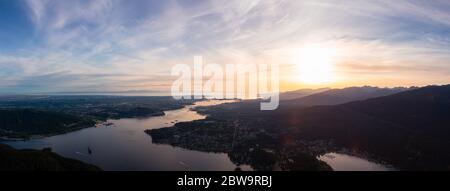 Aerial Panoramic View of a Modern City, Vancouver, BC, Canada Stock Photo