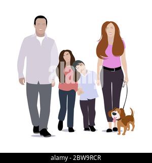 Happy family with dog walking. People mother father, son and daughter walk with pet, child and dad outdoor. Vector illustration Stock Vector