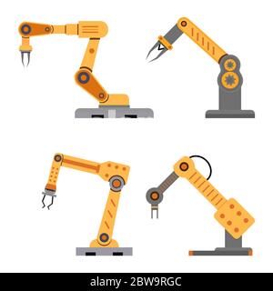Industrial mechanical arms for assembly and manufacture. Vector conveyor mechanical robot, automation manufacturing and production, industry factory t Stock Vector