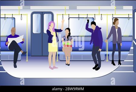 Train subway metro inside, passenger. Metro vagon underground, public transport, vector illustration Stock Vector