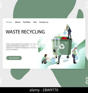 Waste recycling landing page, people pick up garbage and collect into bin. Vector recycle waste, landfill website illustration Stock Vector