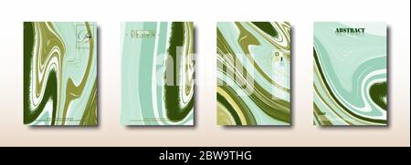 Abstract green mixture of acrylic paints surface collection. Pattern waves and swirls texture. Trendy background for design cover packaging placard fl Stock Vector