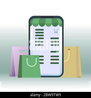 Shopping online, retail in smartphone. Mobile retail online, e-shopping by smartphone, store marketing with awning. Vector illustration Stock Vector