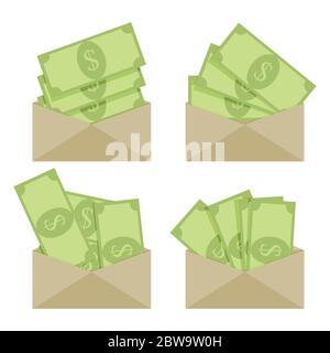 Green banknote in paper envelope, bribe wage or salary. Cash banknote, corruption or finance bill pay, banking currency, payout or income, send money. Stock Vector