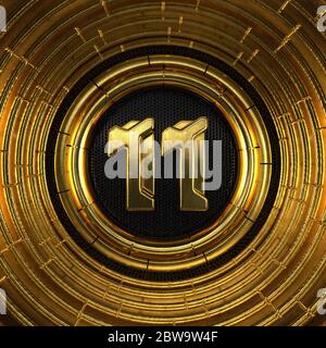 Gold number 11 (number eleven) with perforated black metal background and gold rings around. 3D illustration Stock Photo