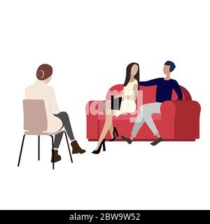 Couple woman and man visiting psychologist cabinet. Consultation psychological specialist, avoid divorce, find out decision. Vector illustration Stock Vector