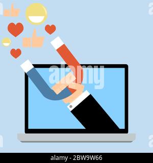 Attracting social media followers. Hand hold magnet from laptop. Attract content and followers, campaign strategy media, feedback from audience. Vecto Stock Vector