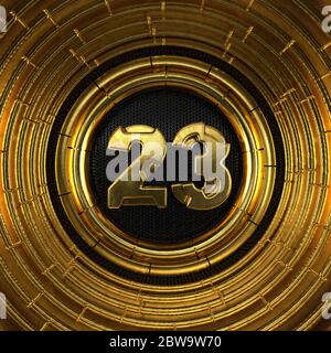 Gold number 23 (number twenty-three) with perforated black metal background and gold rings around. 3D illustration Stock Photo