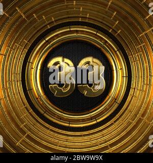 Gold number 33 (number thirty-three) with perforated black metal background and gold rings around. 3D illustration Stock Photo