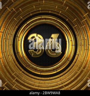 Gold number 36 (number thirty-six) with perforated black metal background and gold rings around. 3D illustration Stock Photo