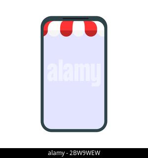 Online store in smartphone with awning. Smartphone mobile window retail with red awning, service shopping market place illustration Stock Vector