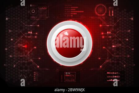 Realistic circle red button on abstract technology background, digital communication network computer, futuristic energy science system Stock Vector