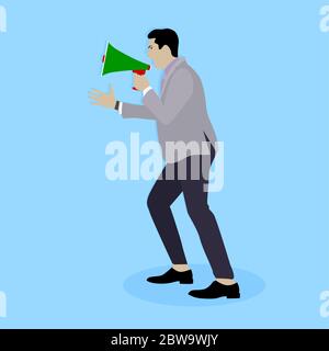 Man shouting in megaphone. Announcement communication, announce loud speech, broadcasting promotion, speak screaming, scream and warning message. Vect Stock Vector