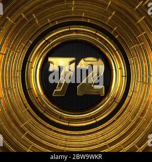 Gold number 72 (number seventy-two) with perforated black metal background and gold rings around. 3D illustration Stock Photo