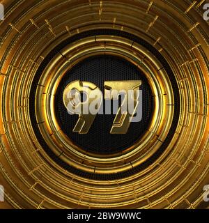 Gold number 97 (number ninety-seven) with perforated black metal background and gold rings around. 3D illustration Stock Photo