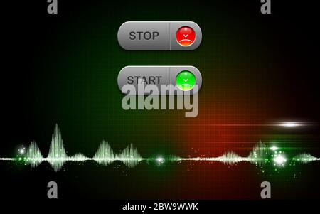 Realistic start and stop button on abstract technology background, digital communication network computer, futuristic energy science system Stock Vector